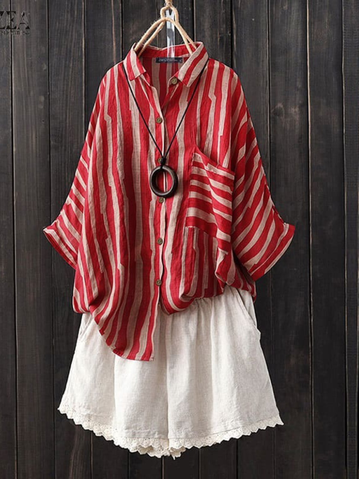 Red 3/4 Sleeve Cotton-Blend Shirt Collar Shirts & Tops