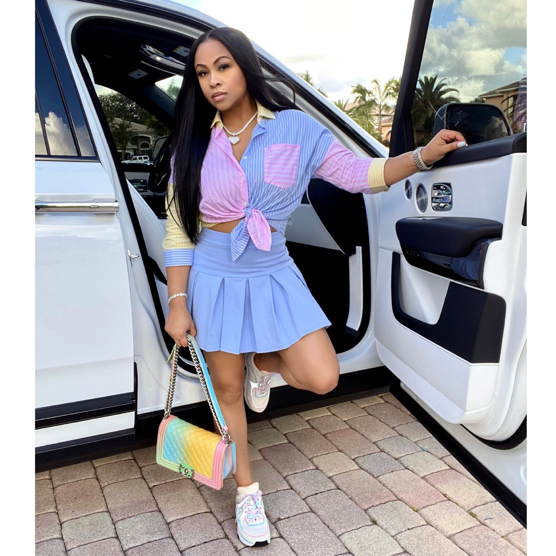 Cross-border women's three-quarter sleeve shirt cotton solid blue plaid temperament commuter skirt suit two-piece suit HM5438