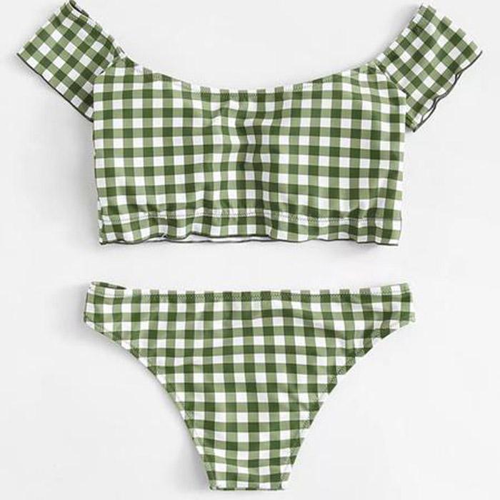 Bikini model nou, culoare uni, din tartan format din două piese