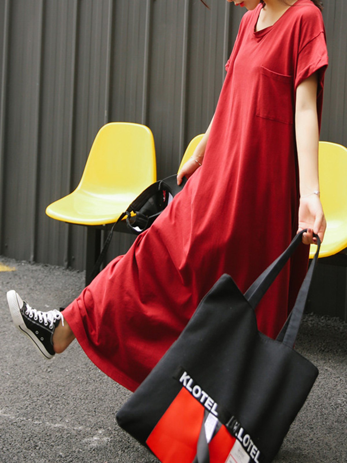 Plus Size Crew Neck Women Red Dress Shift Daytime Pockets Casual Maxi Dress