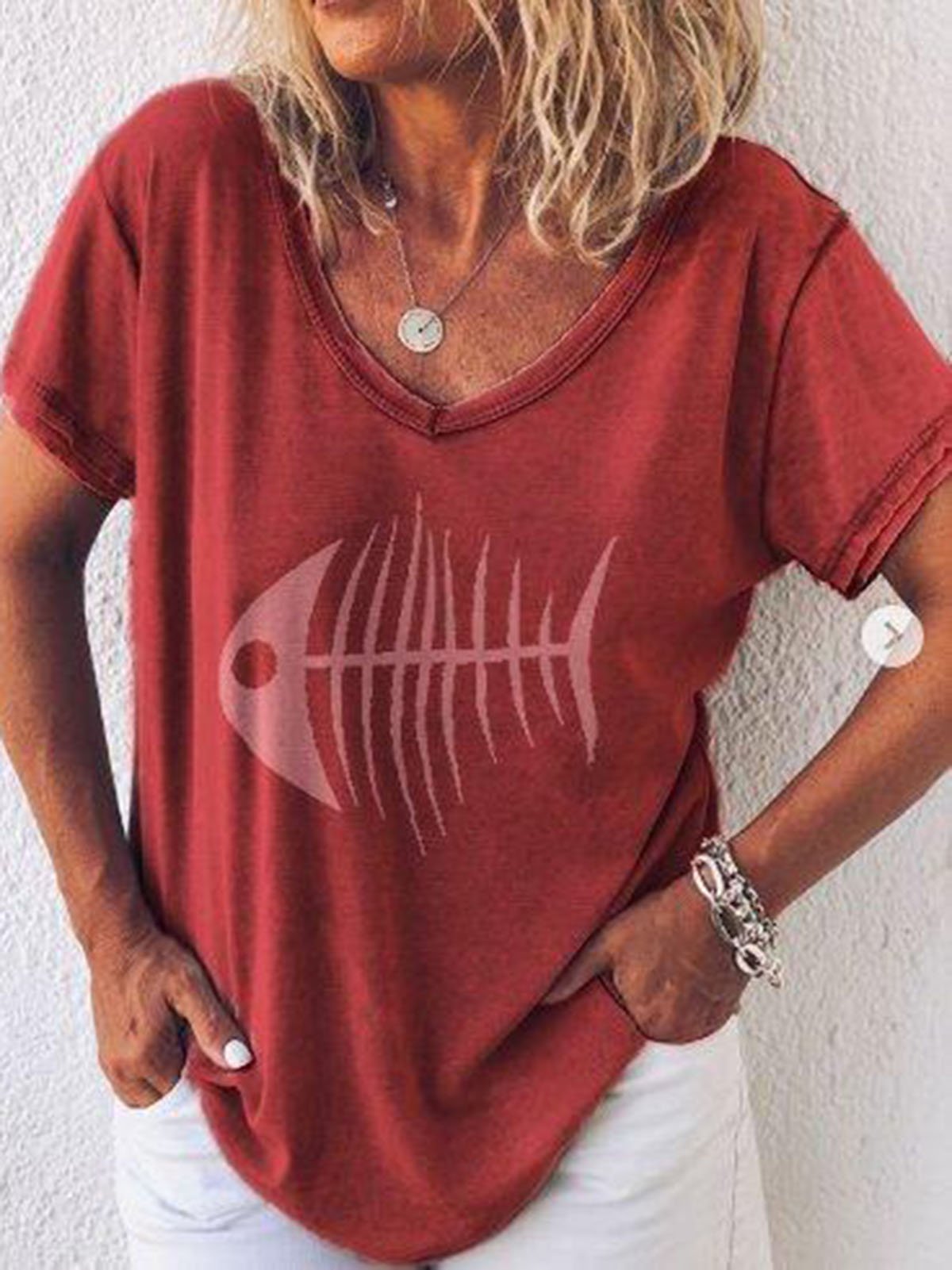 Round Neck Casual Cotton-Blend Shirts & Tops