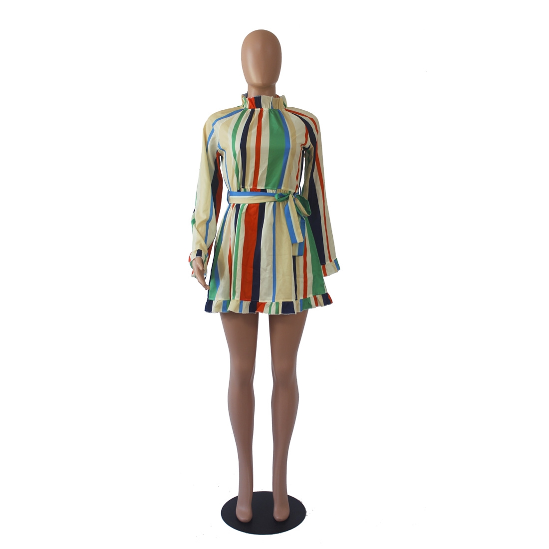 Wide Stripped Colorful Mini Dress with Sleeves