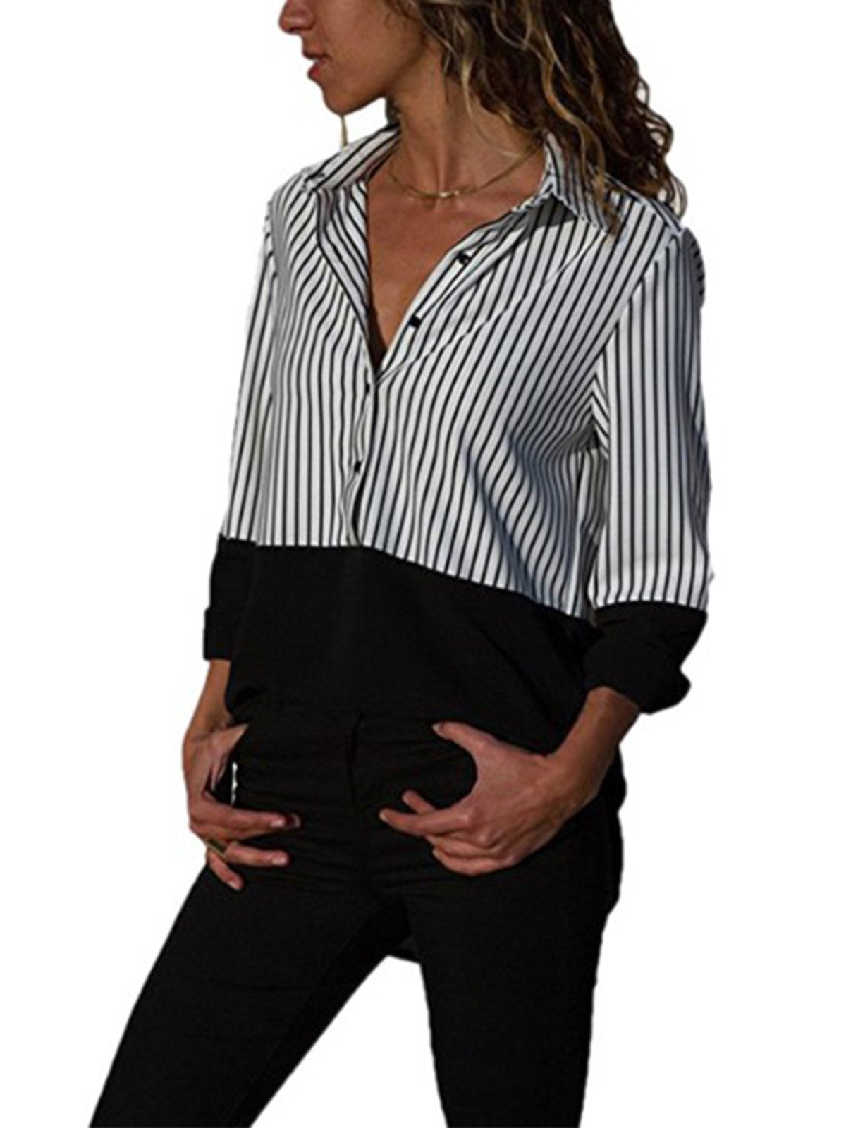 Lapel Stripes Patchwork Color Block Blouses