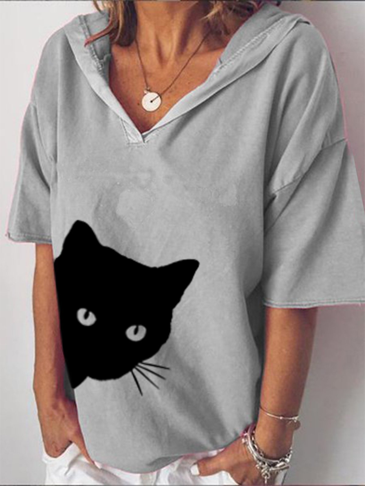 V Neck Cotton-Blend Short Sleeve Casual Shirts & Tops