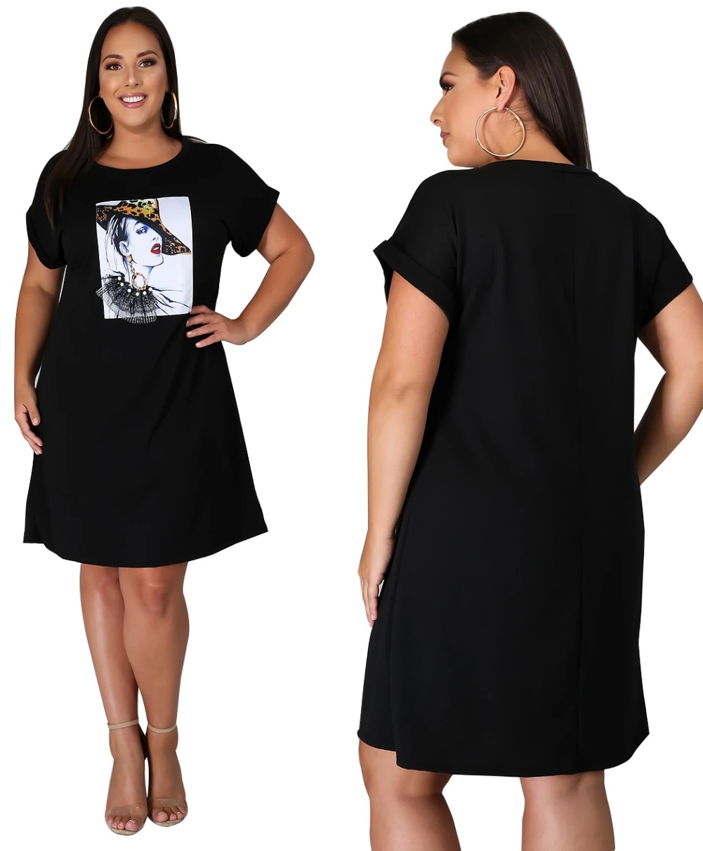 Plus Size Character Print O Neck Shirt Dress