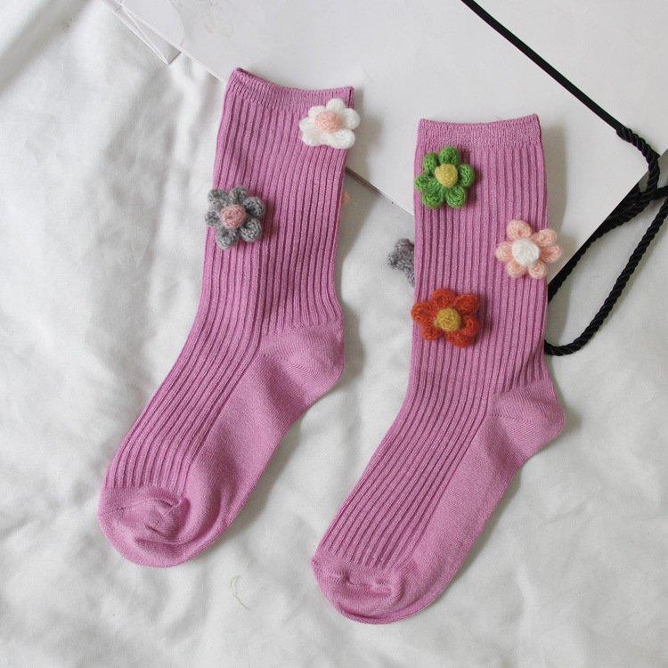 Three-dimensional flower cotton women's vertical tube socks