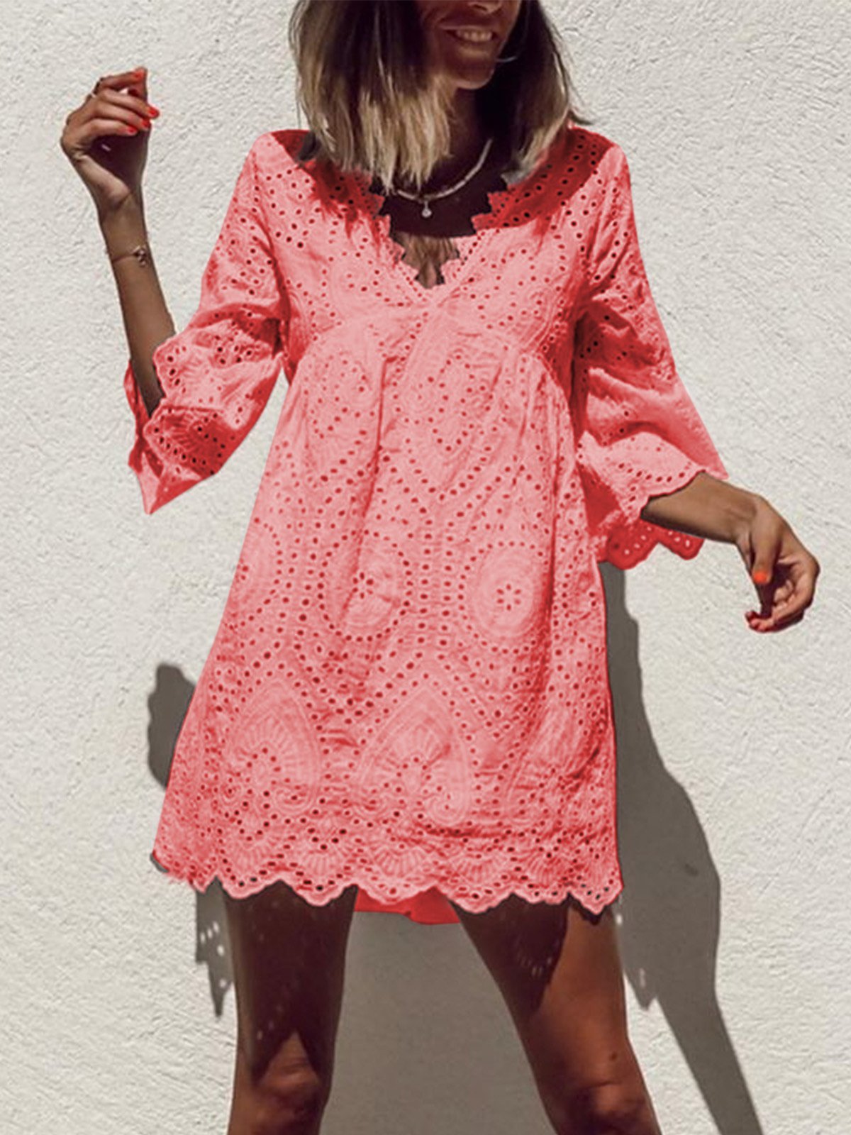 Plus Size Casual V Neck 3/4 Sleeve Dresses