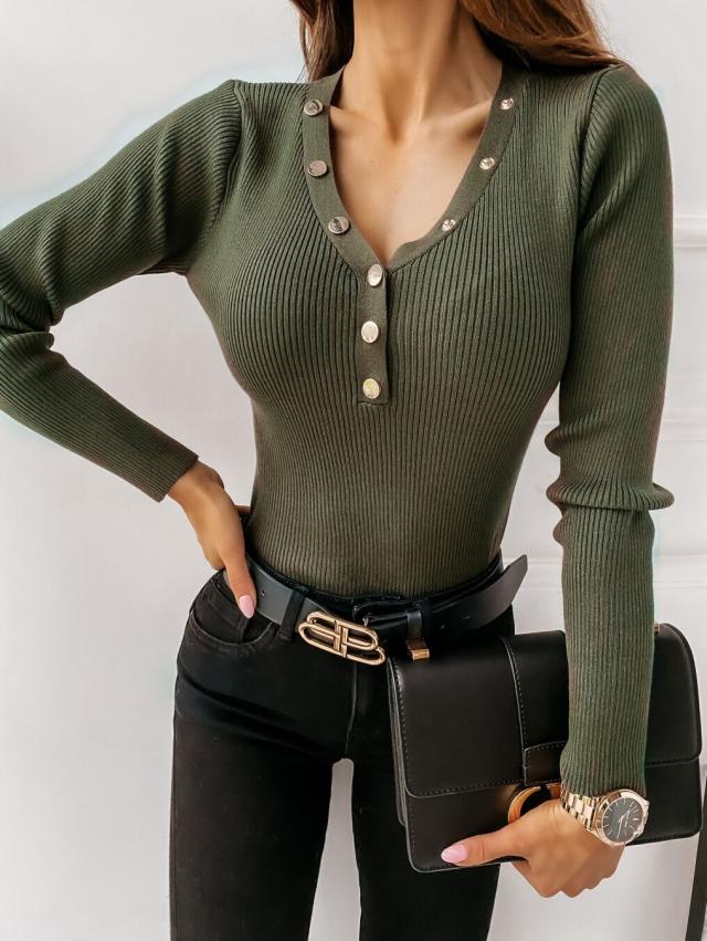 Autumn V-Neck Buttoned Knitting Basic Top
