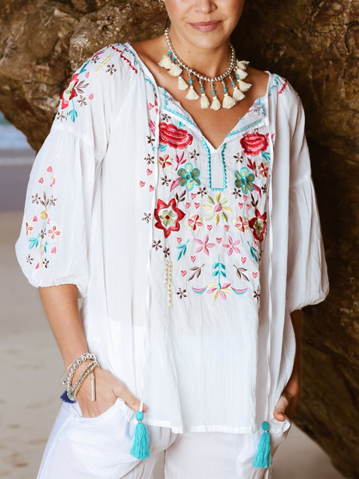 Floral V Neck Boho Shirts & Tops