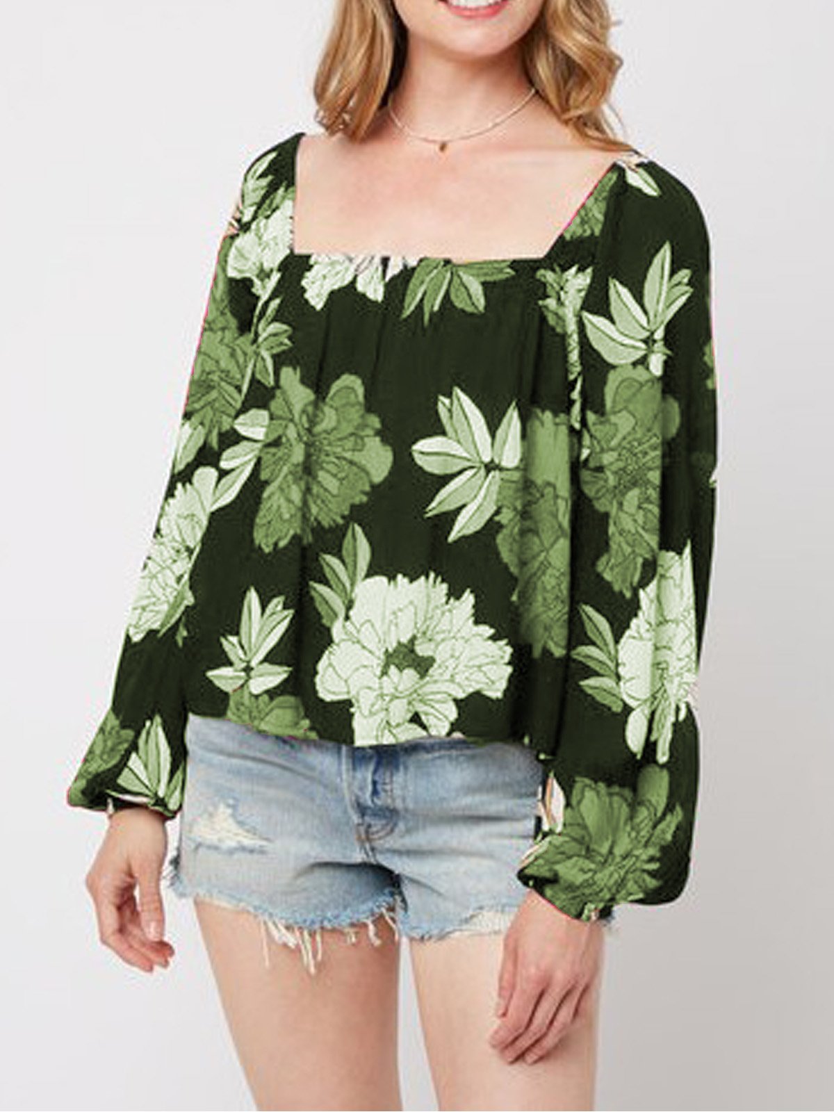 Floral Square Neck Casual Shirts & Tops