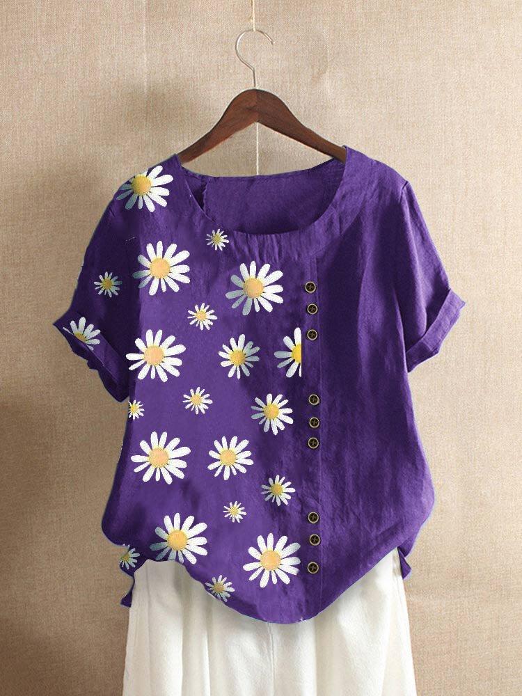 Daisy Floral Print Short Sleeve O-neck T-shirt For Women