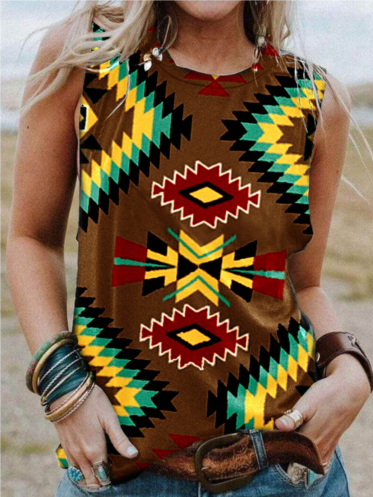 Geometric Casual Crew Neck Cotton-Blend Shirts & Tops