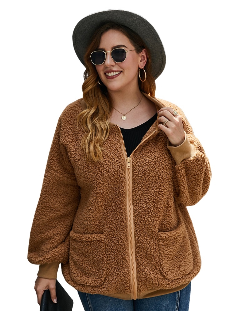 Plus Size Zipped Up Fleece Coat