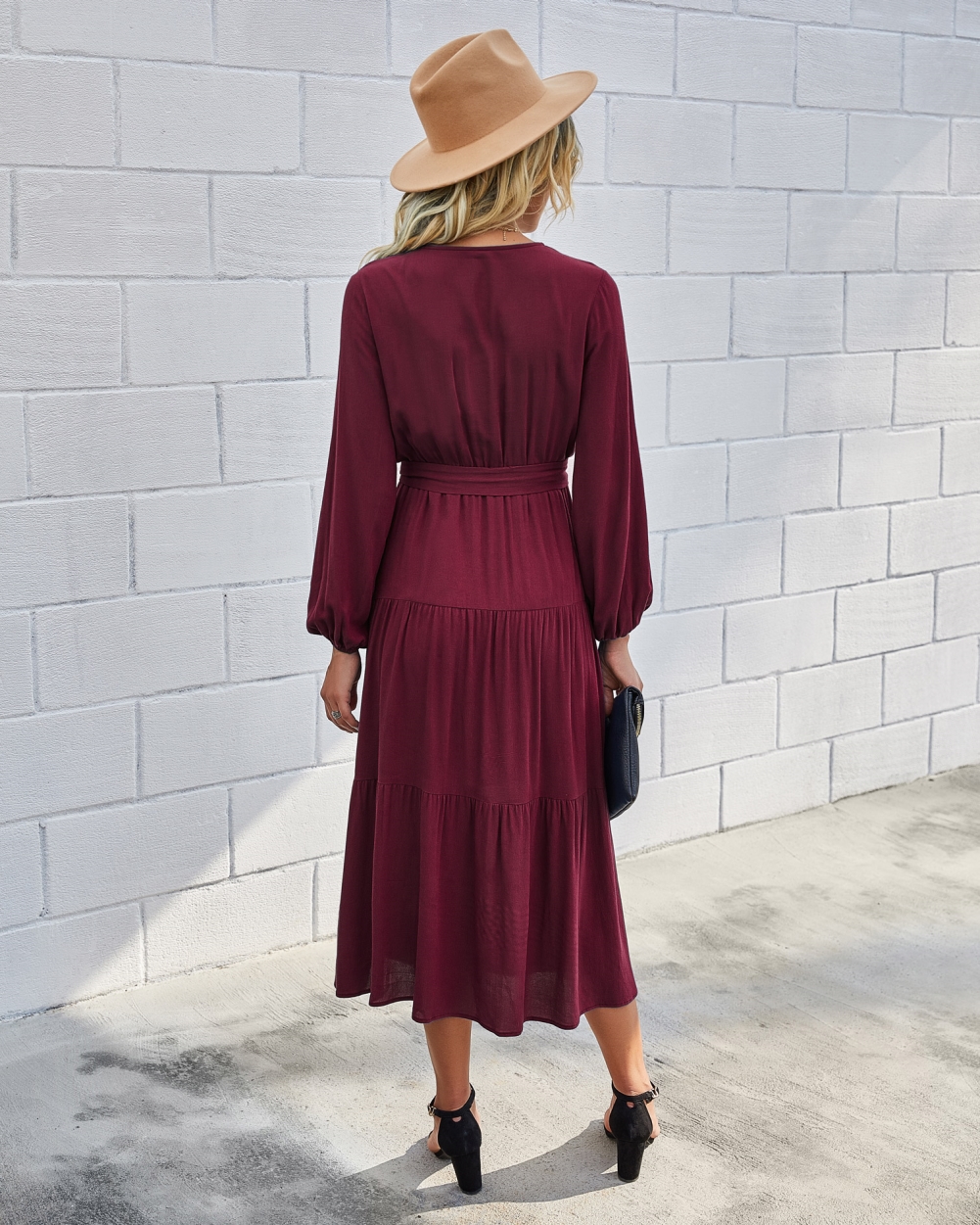 Western Long Sleeve Wrapped Solid Long Dress