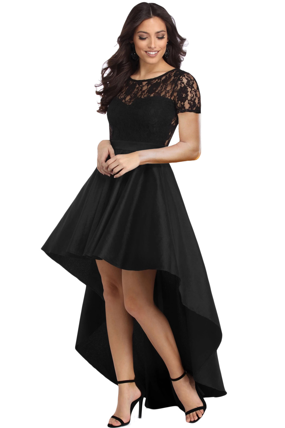 Black Lace Bodice Elegant Hi-low Party Dress