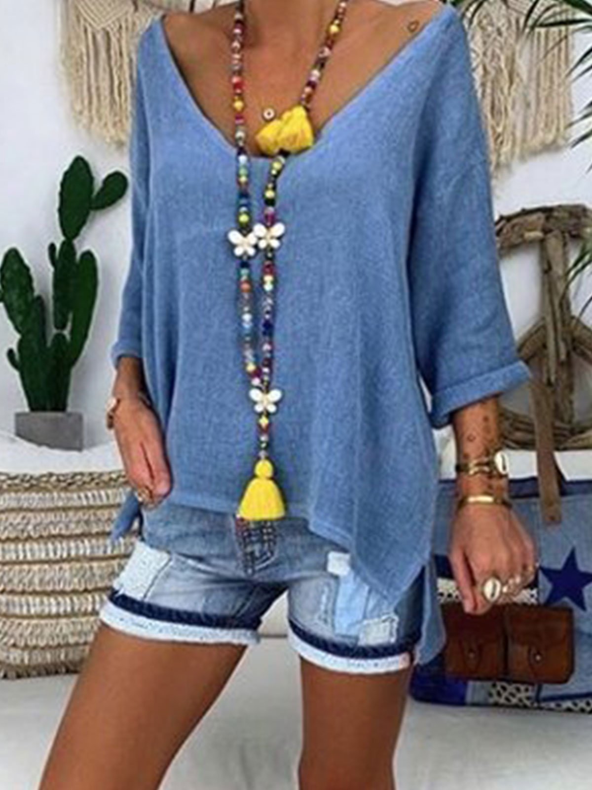 Blue Casual V Neck Shirts & Tops