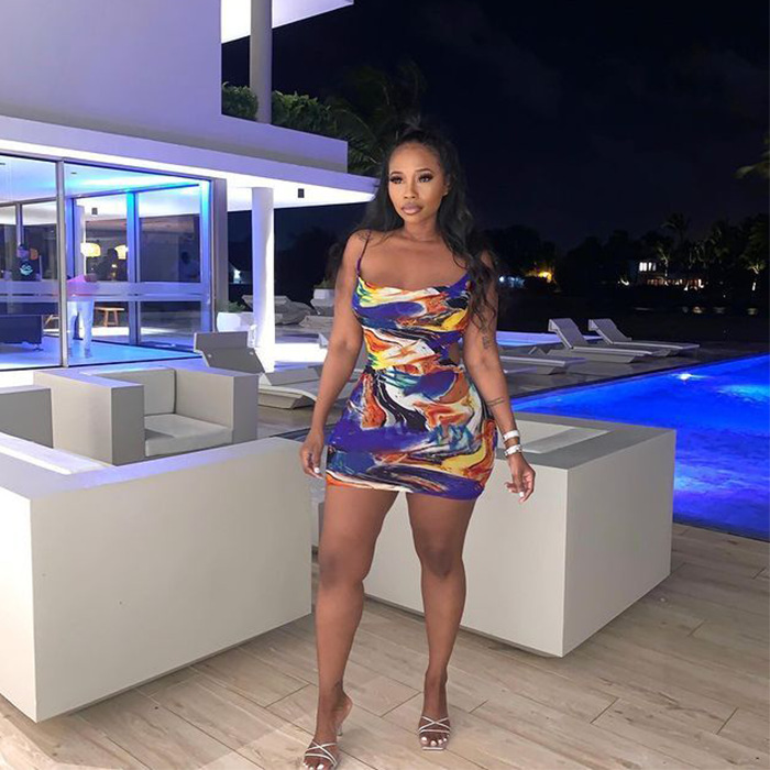 P1007跨境亚马逊2021欧美时尚女装印花吊带露背夜店风性感连衣裙