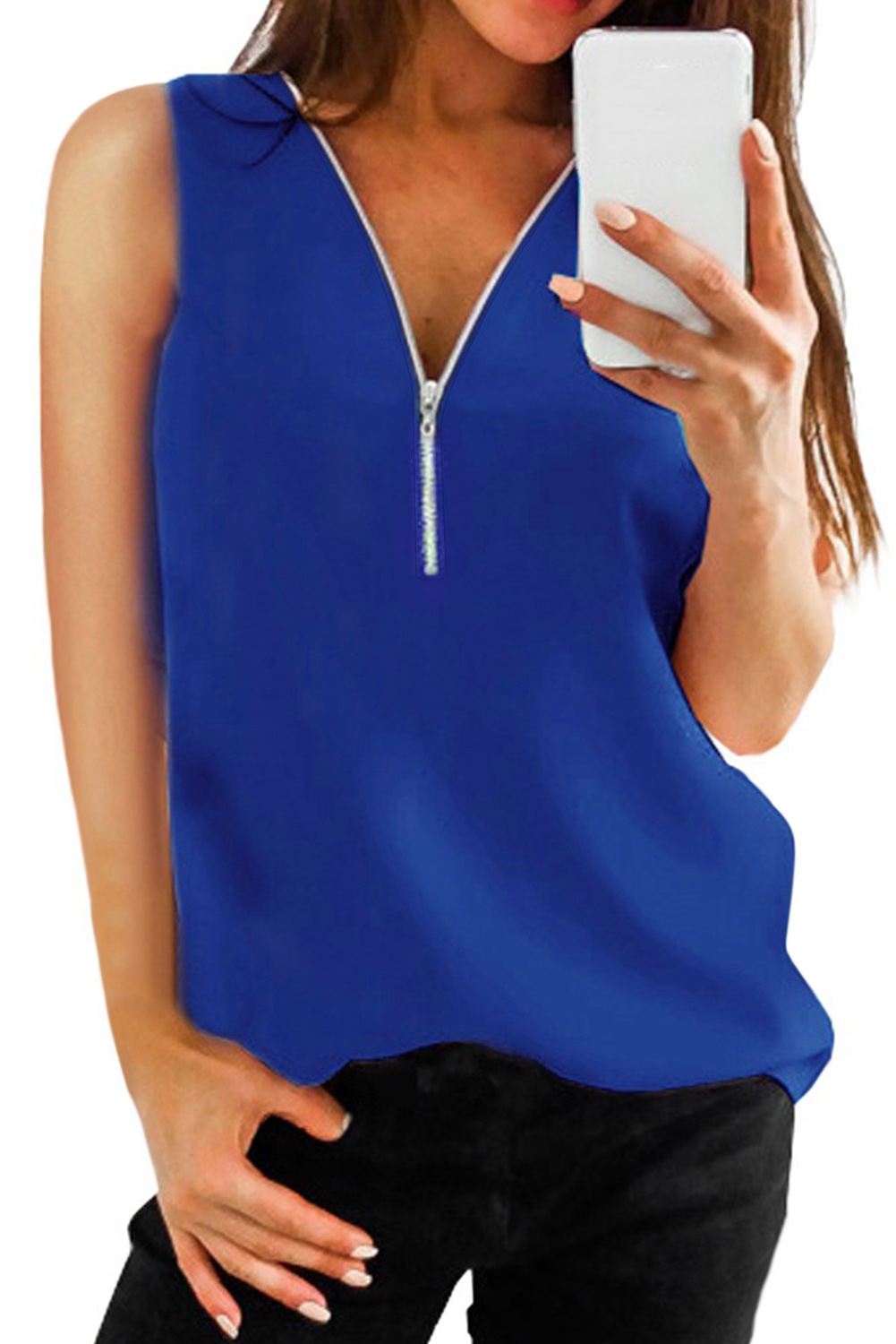 Blue Zip Neckline Sleeveless Shirt Tank