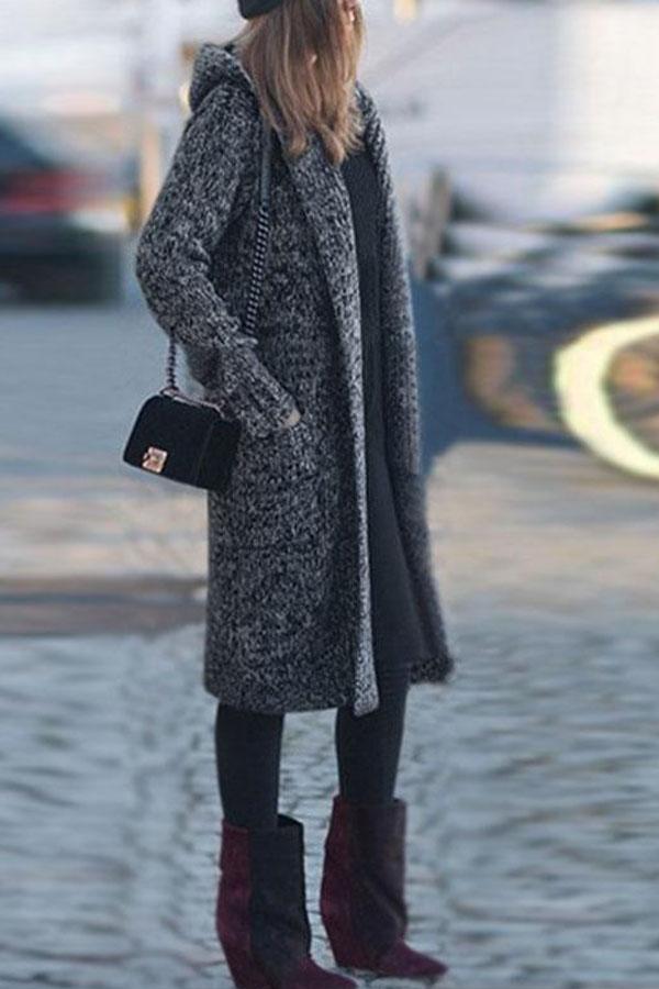 Long Solid Color Loose Hooded Knit Cardigan