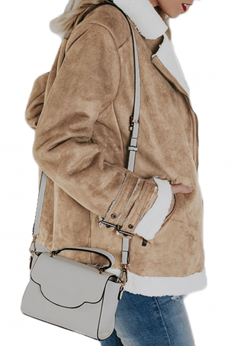 Khaki Faux Suede Jacket with Zipper Pockets