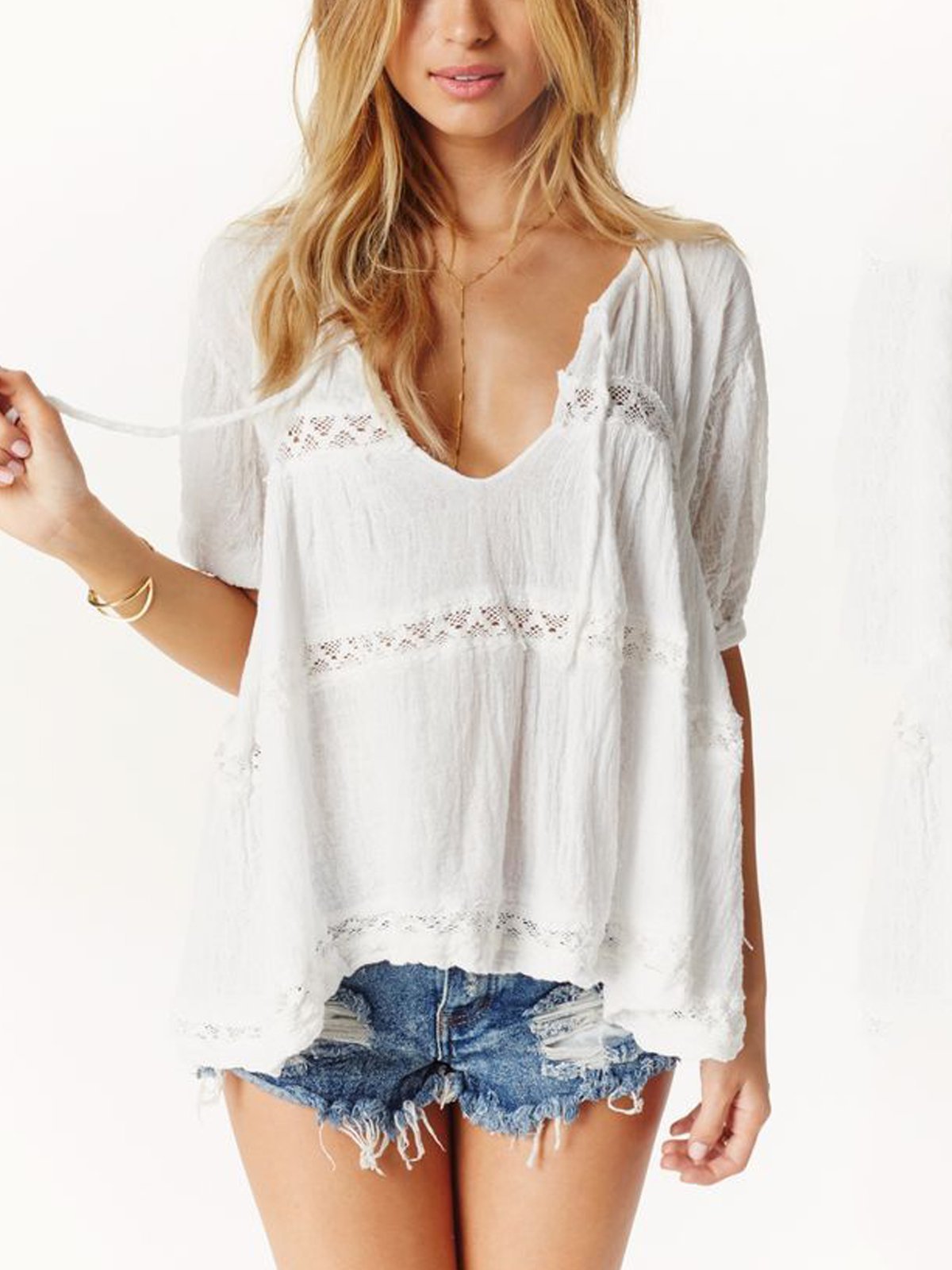 White V Neck Cotton Short Sleeve Shirts & Tops