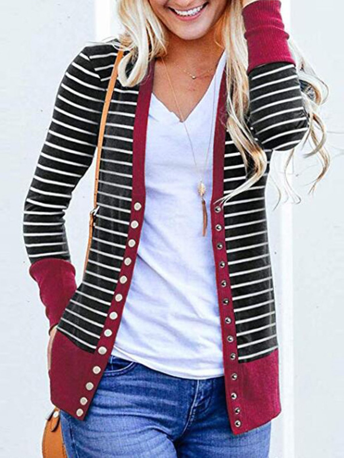 Womens Outerwear Buttoned Stripes Paneled Cardigans