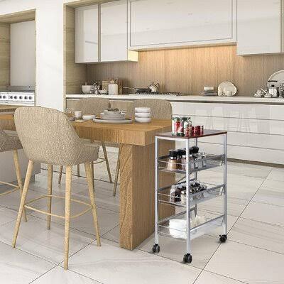 Rustic Kitchen Cart on Wheels, 3-Tier Wire Storage Rolling Cart, Wood Look Top and Metal Frame, Silver Rebrilliant