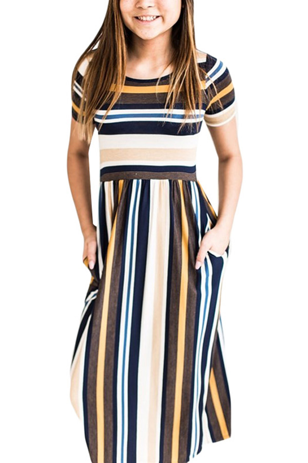 Yellow Multicolor Striped Baby Girl Maxi Dress