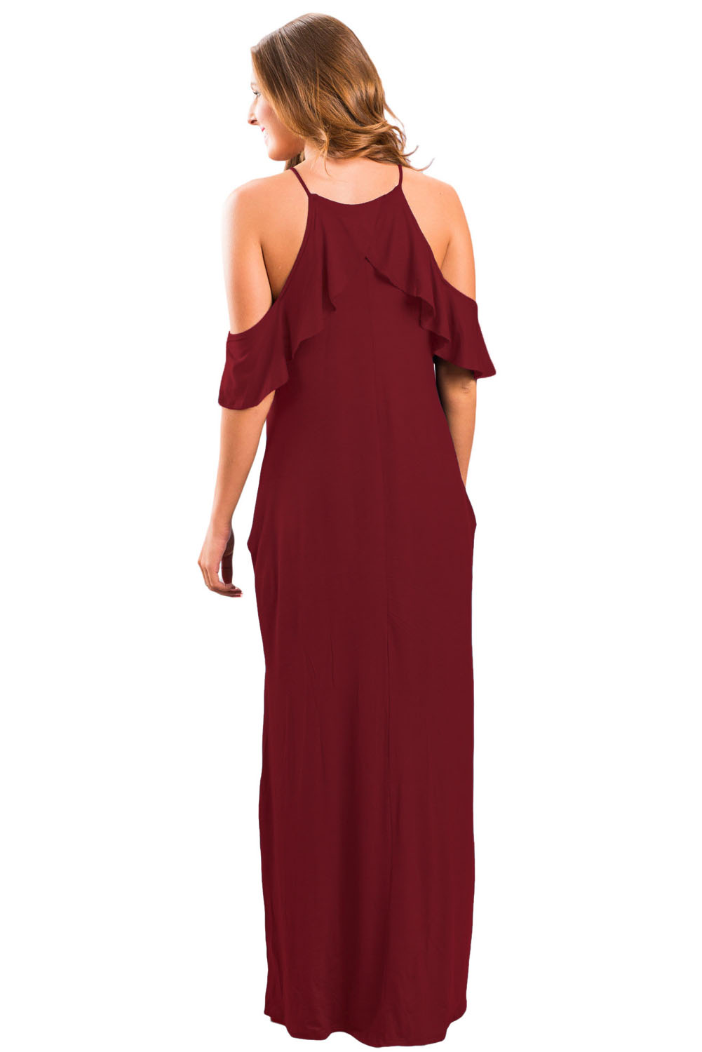 Wine Ruffle Sleeve Cold Shoulder Maxi Dress