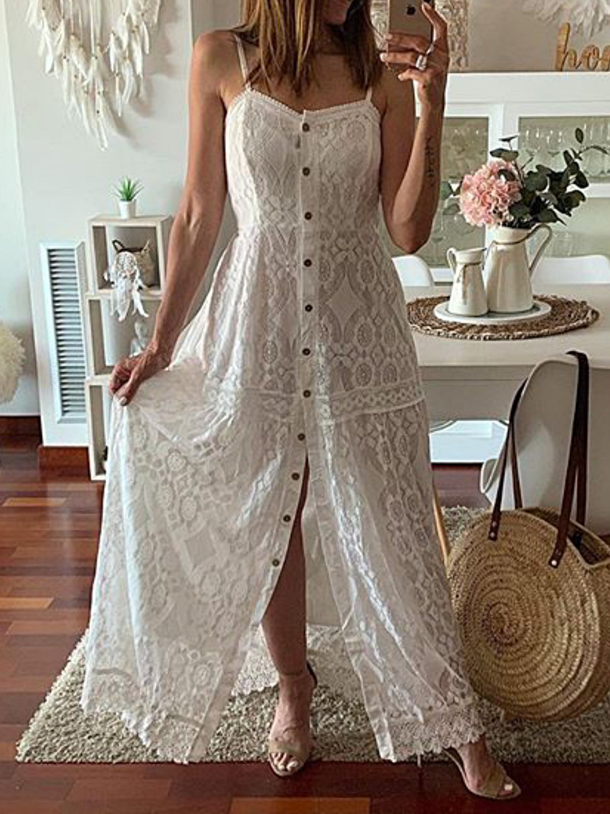 Lace Cutout Maxi Caftan Dress