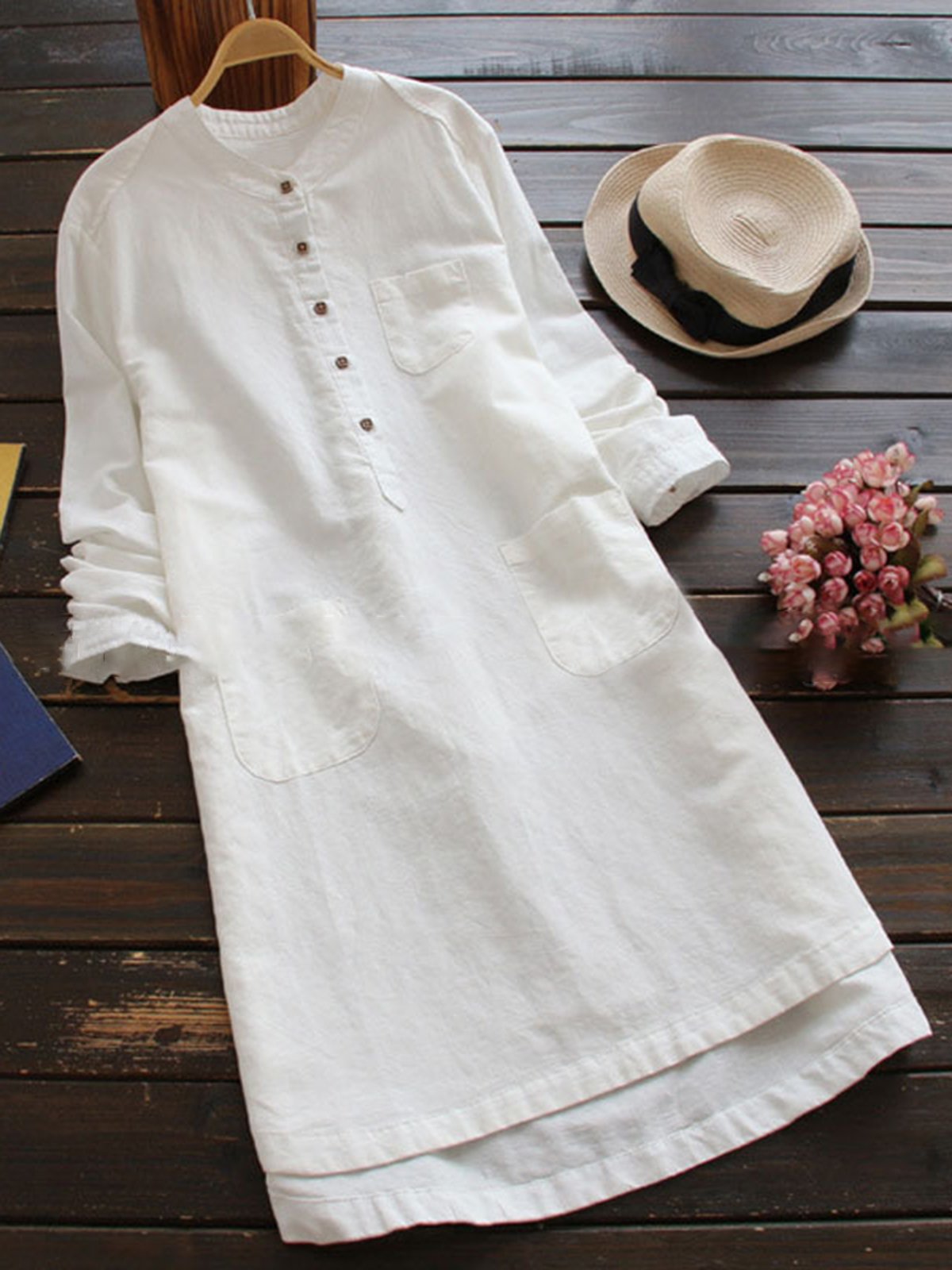 Shift Women Daytime Linen Long Sleeve Casual Buttoned Casual Dress