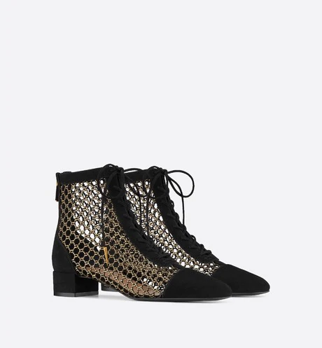 Naughtily-D Ankle Boot Metallic Gold-Tone Fishnet and Black Suede Calfskin