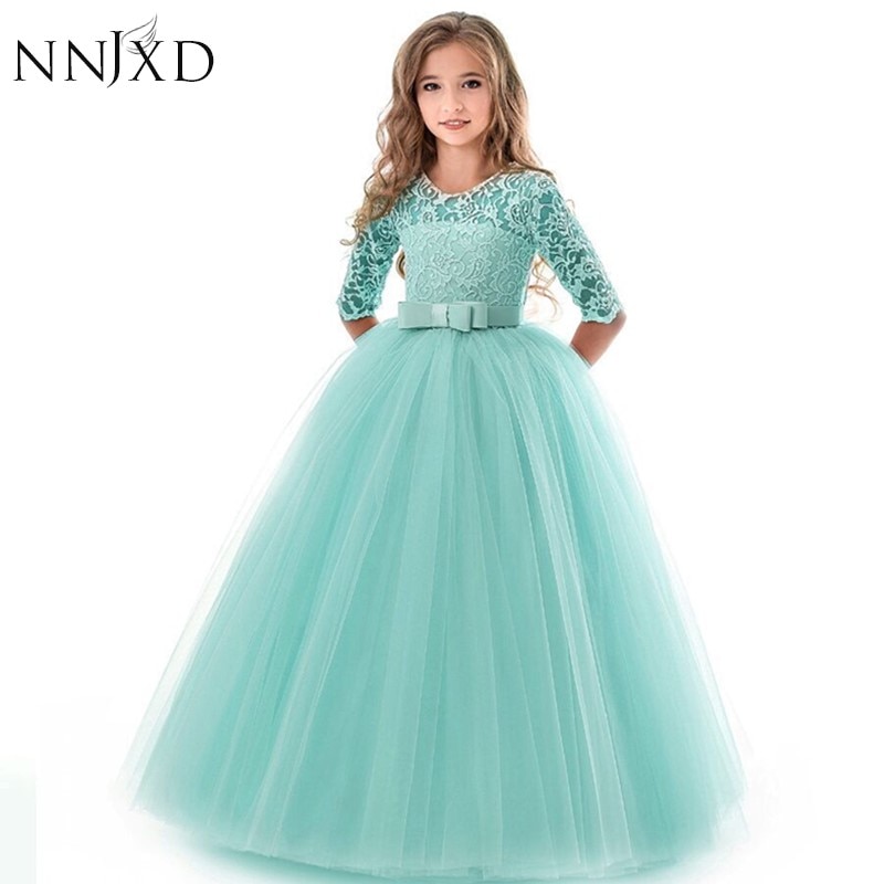 New Princess Lace Dress Kids Flower Embroidery Dress For Girls Vintage Children Dresses For Wedding Party Formal Ball Gown 14T