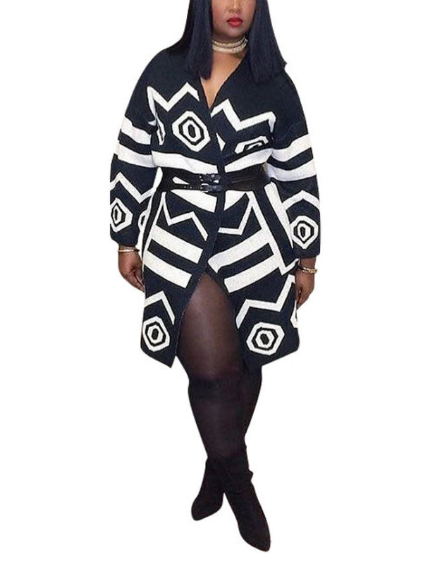 Long Sleeve  Vintage V Neck Geometric Printed Coat