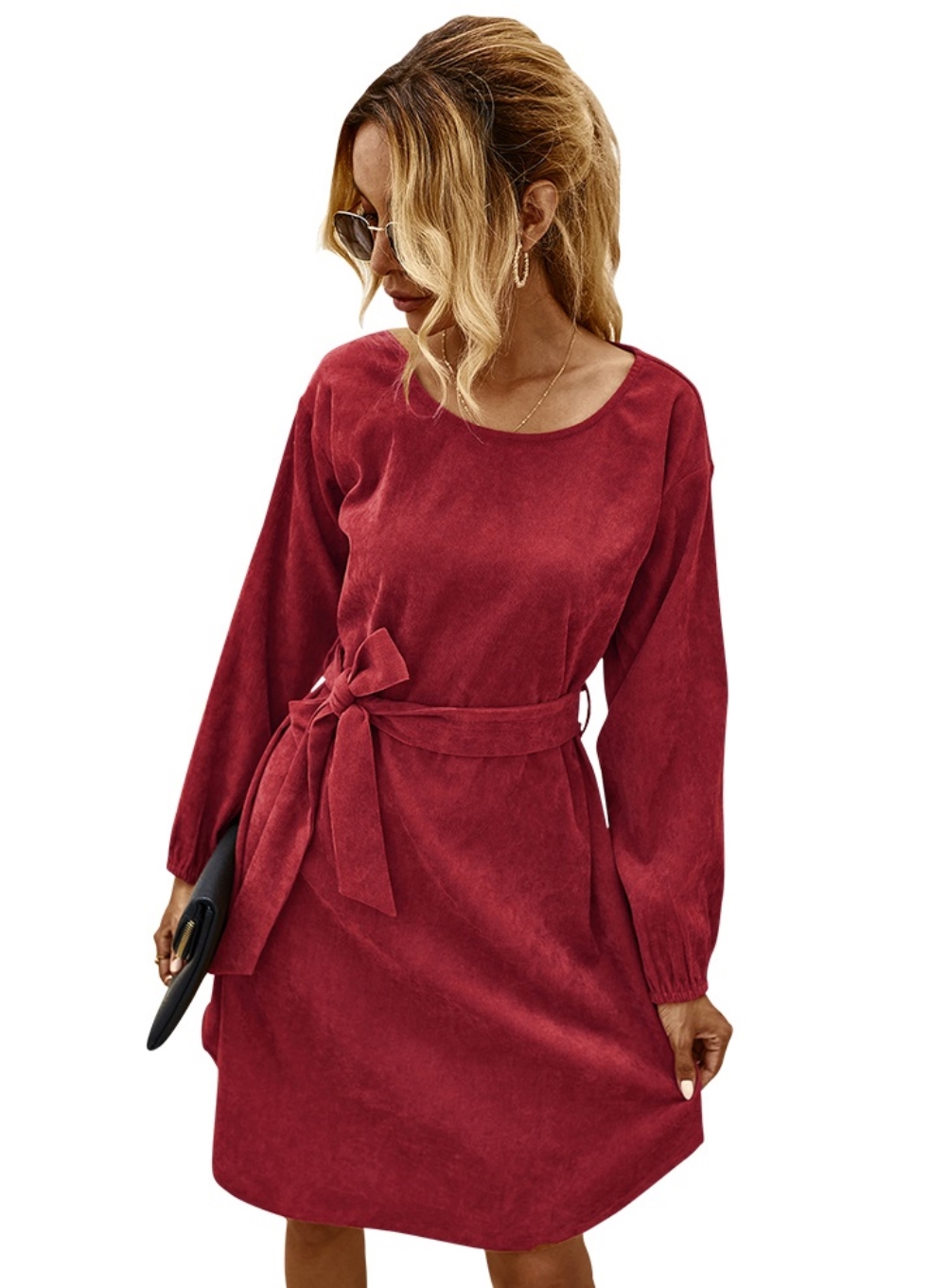 Autumn Plain Short Casual Dress with Belt
