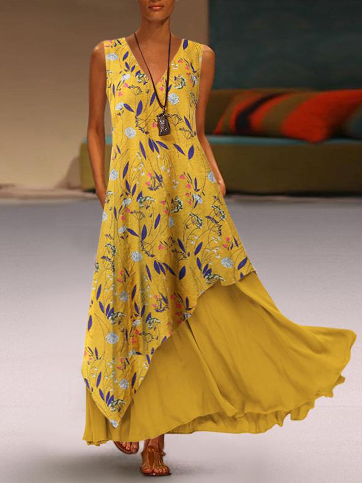 Yellow V Neck Sleeveless Cotton-Blend Dresses