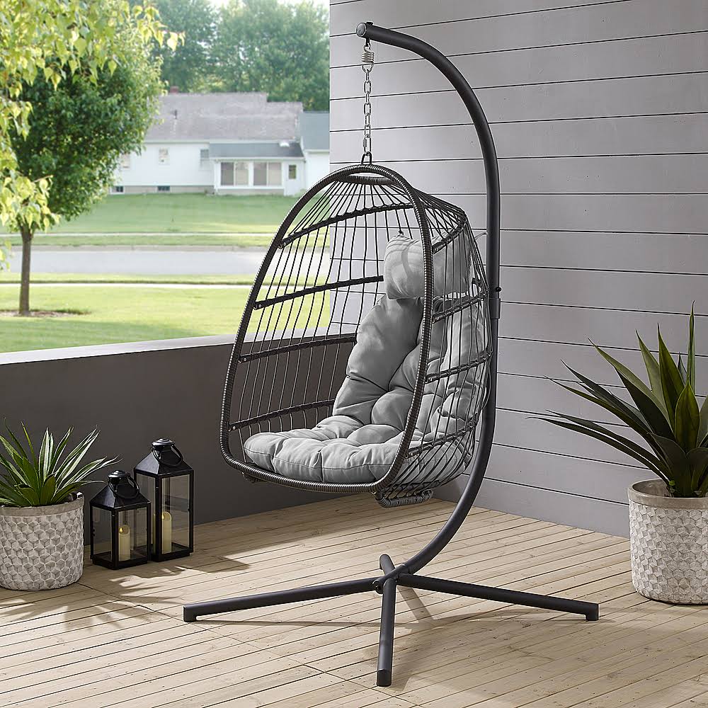 Walker Edison - Swinging Wicker Patio Egg Chair with Cushion - Grey