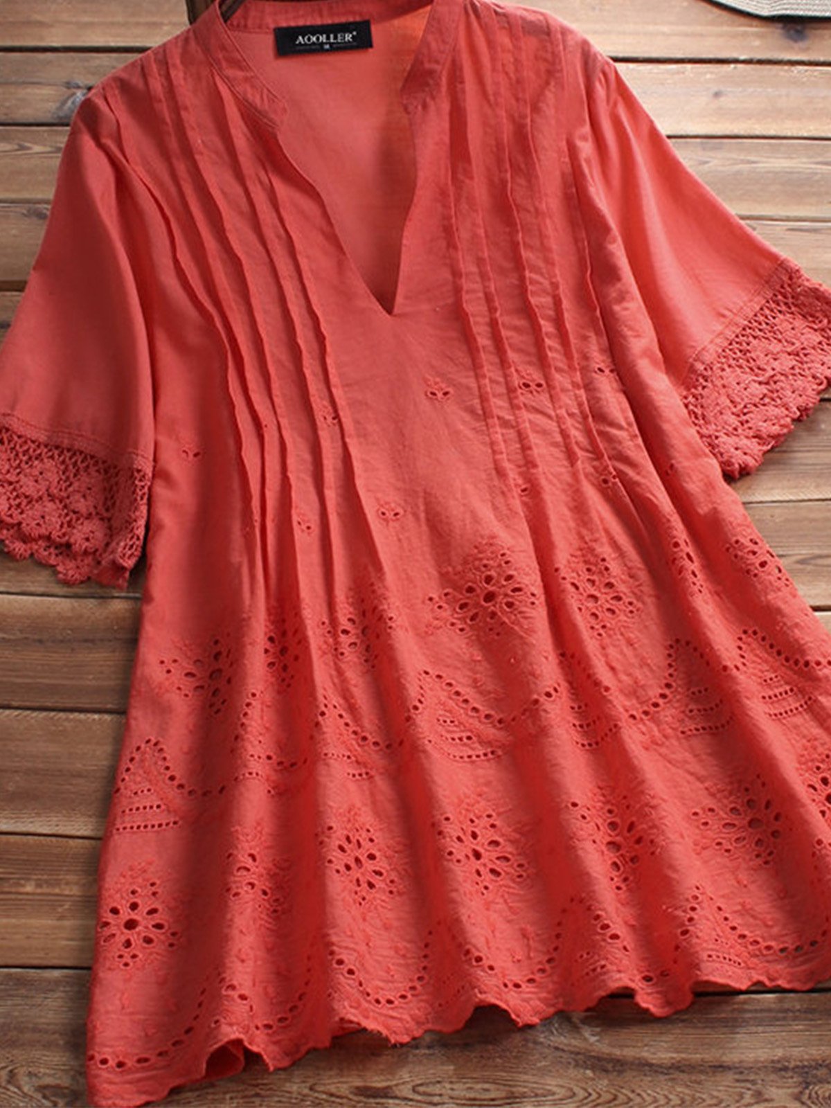 Cotton-Blend A-Line Short Sleeve V Neck Shirts & Tops