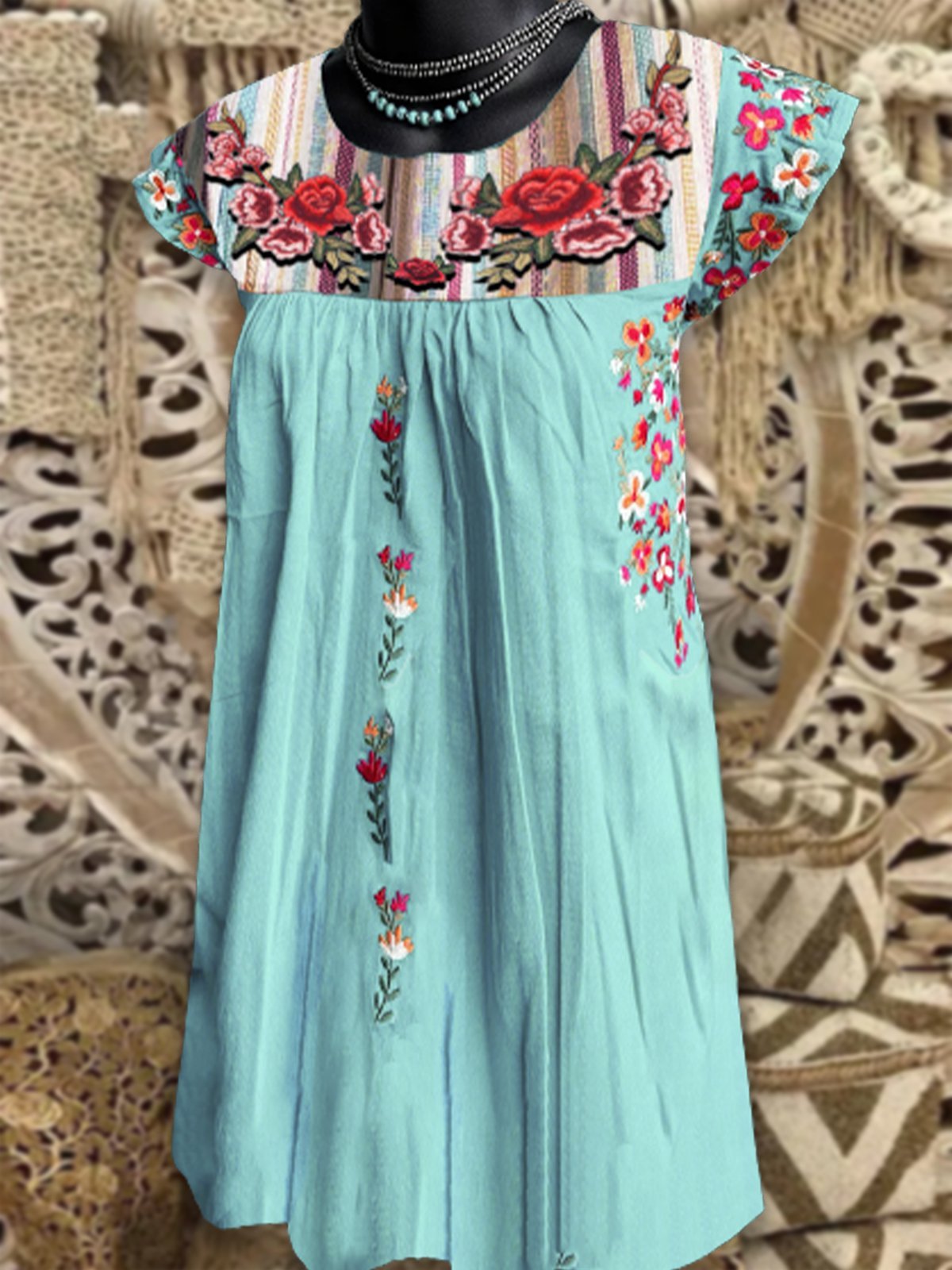 Floral A-Line Short Sleeve Crew Neck Dresses