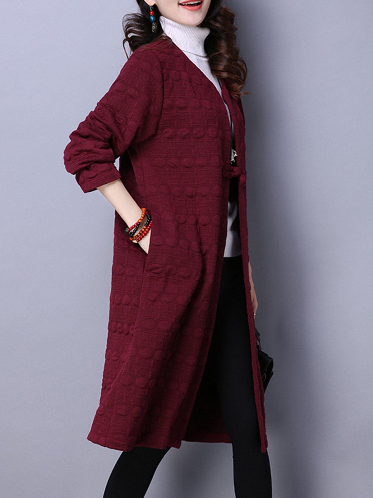 Gray Long Sleeve Embossed Solid Coat