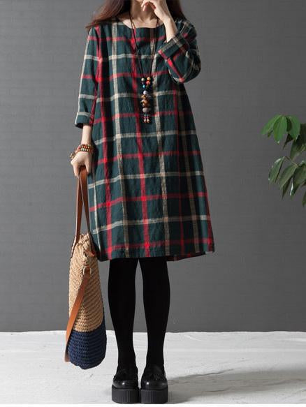 Long Sleeve Women Loose Linen Cotton Plaid Casual Dress