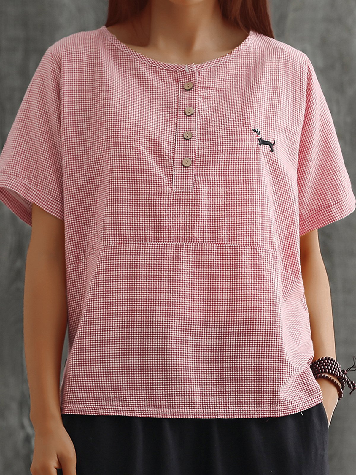 Plus Size Women Round Neck Short Sleeve Plaid Cotton And Linen Loose Casual Top