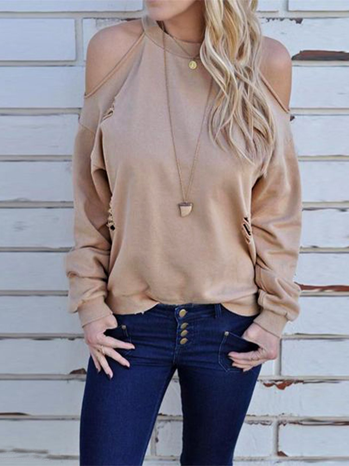 Apricot Long Sleeve Cotton Plain Shirts & Tops