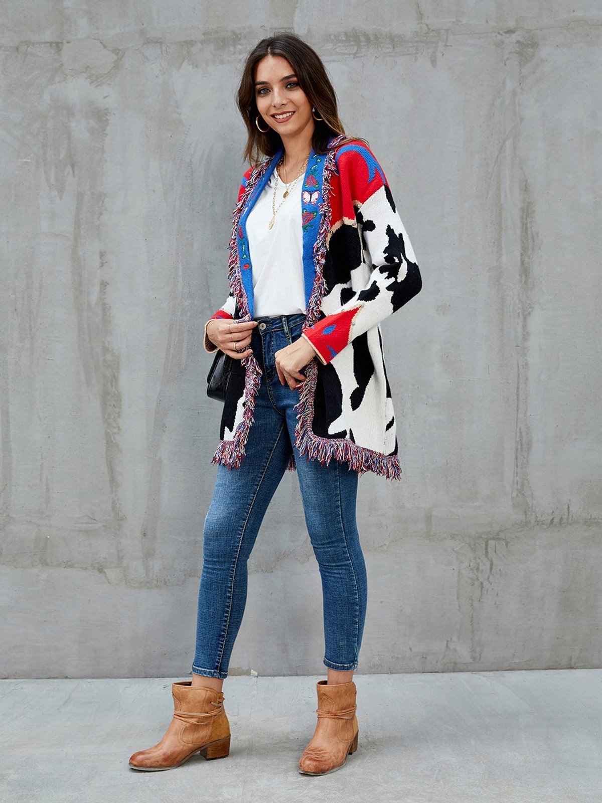 Red Shawl Collar Fringed Embroidered Cardigan