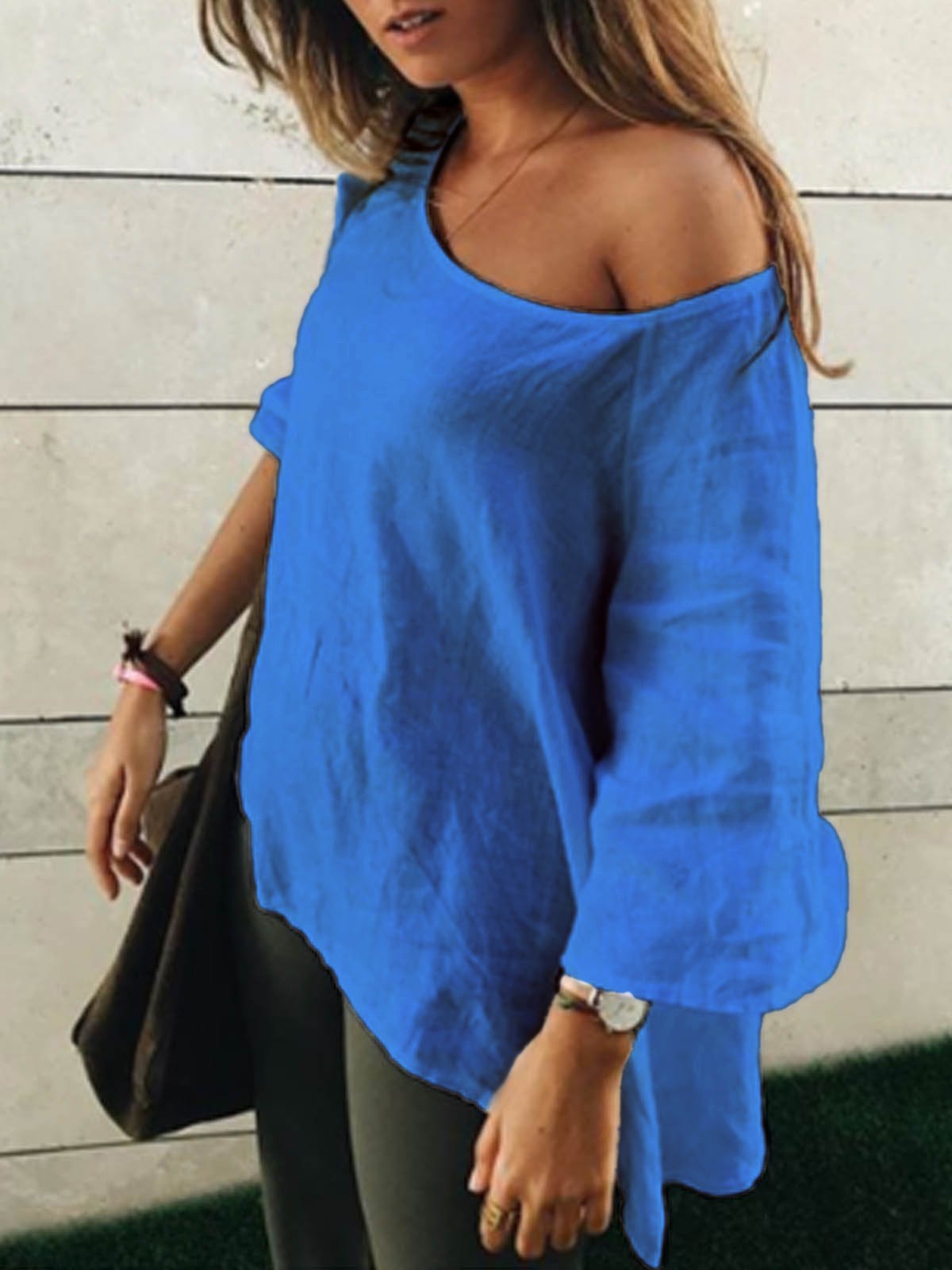 White Casual Round Neck Cotton-Blend Solid Shirts & Tops