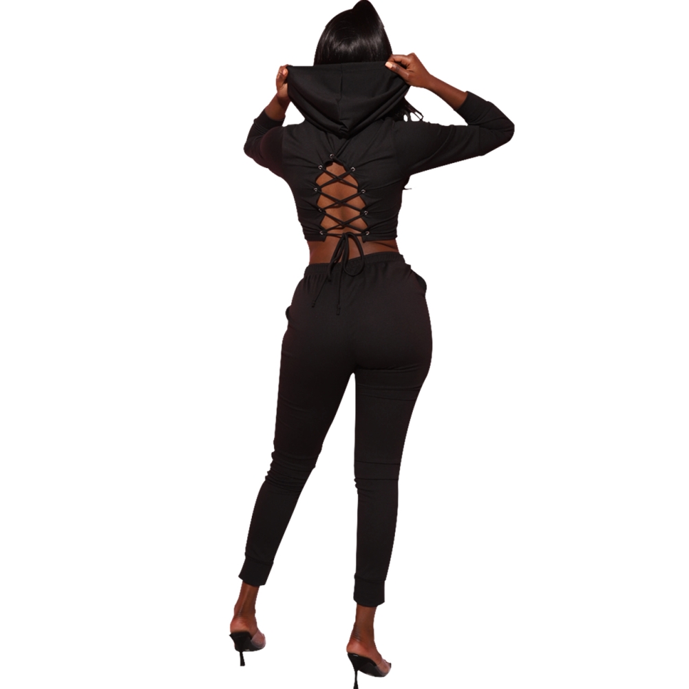 Autumn Sexy Lace Up Hoodie Crop Top and Pants Set
