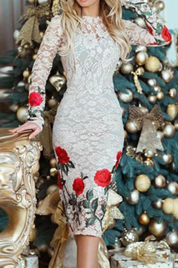 Round Neck  Floral  Blend Bodycon Dress