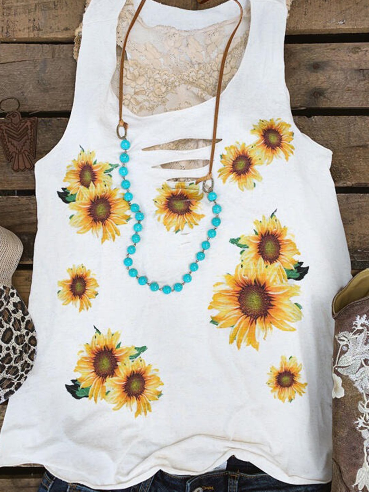 Plus Size Casual Crew Neck Sleeveless Floral Shirts & Tops