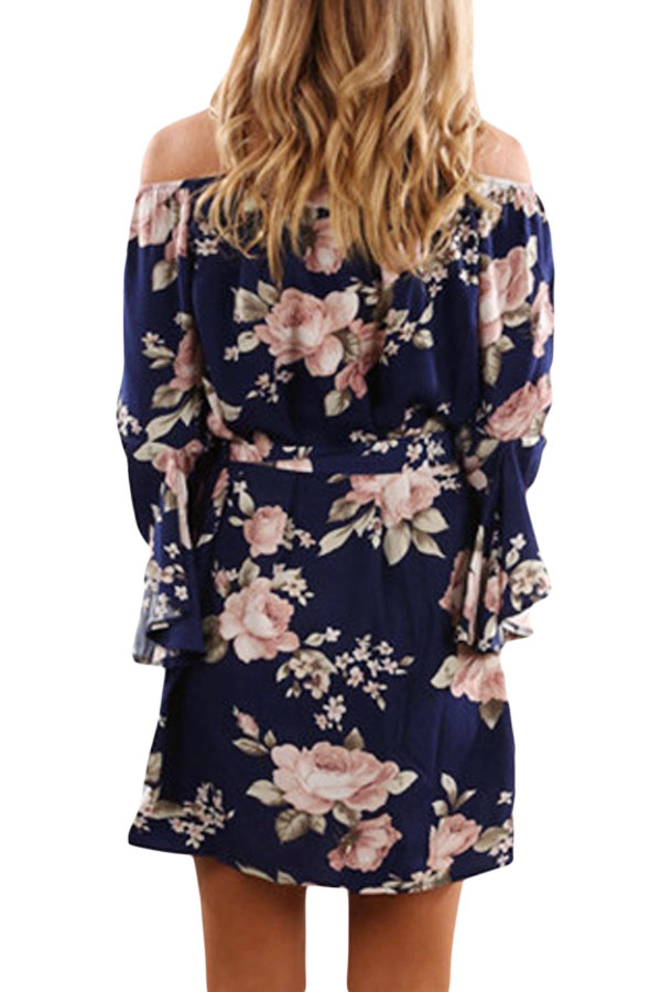 Pink Floral Print Navy Off Shoulder A-line Dress