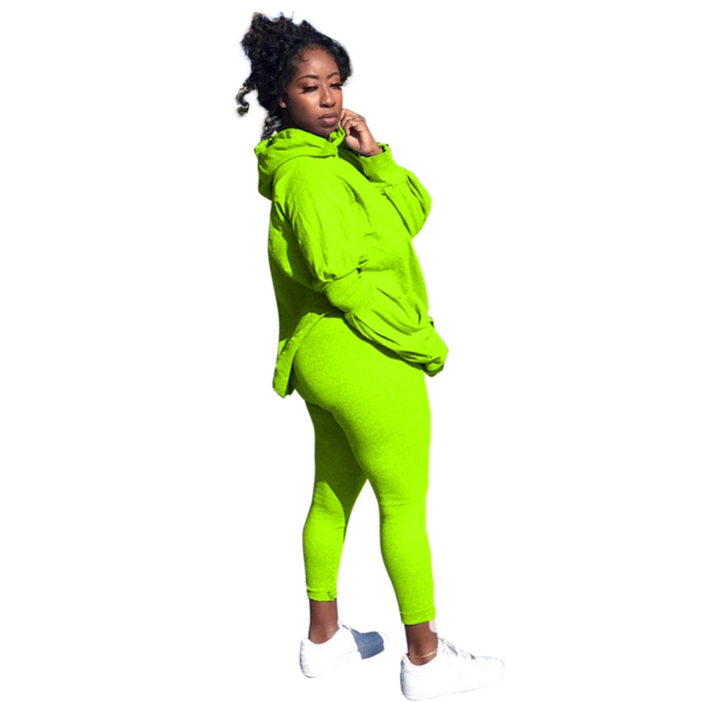 Autumn Solid Plain Matching Casual Hoody Top and Pants Set